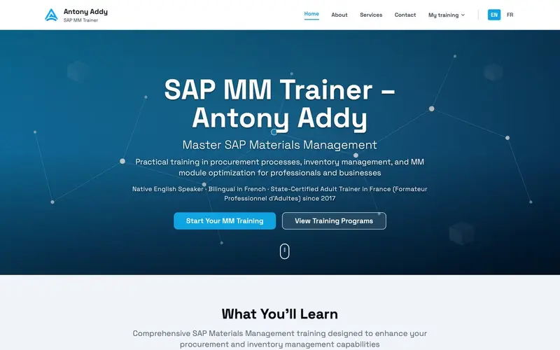 Page d'accueil du site SAP MM Training (sap.antonyaddy.com)