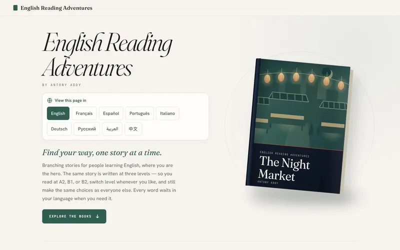 Page d'accueil du site English Reading Adventures (antonyaddy.com)
