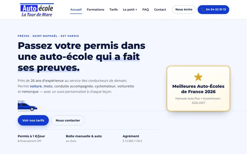 Page d'accueil du site Auto-école La Tour de Mare (autoecole-smoky.vercel.app)