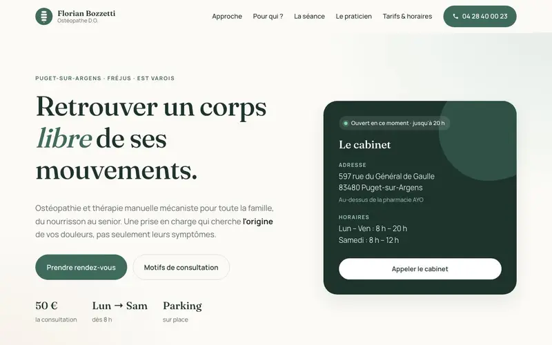 Page d'accueil du site Florian Bozzetti (osteoflo.vercel.app)