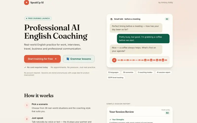 Page d'accueil du site SpeakUp AI (speak.antonyaddy.com)