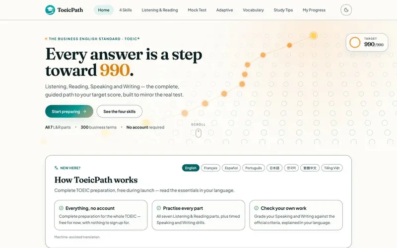 Page d'accueil du site ToeicPath (antonyaddy.com)